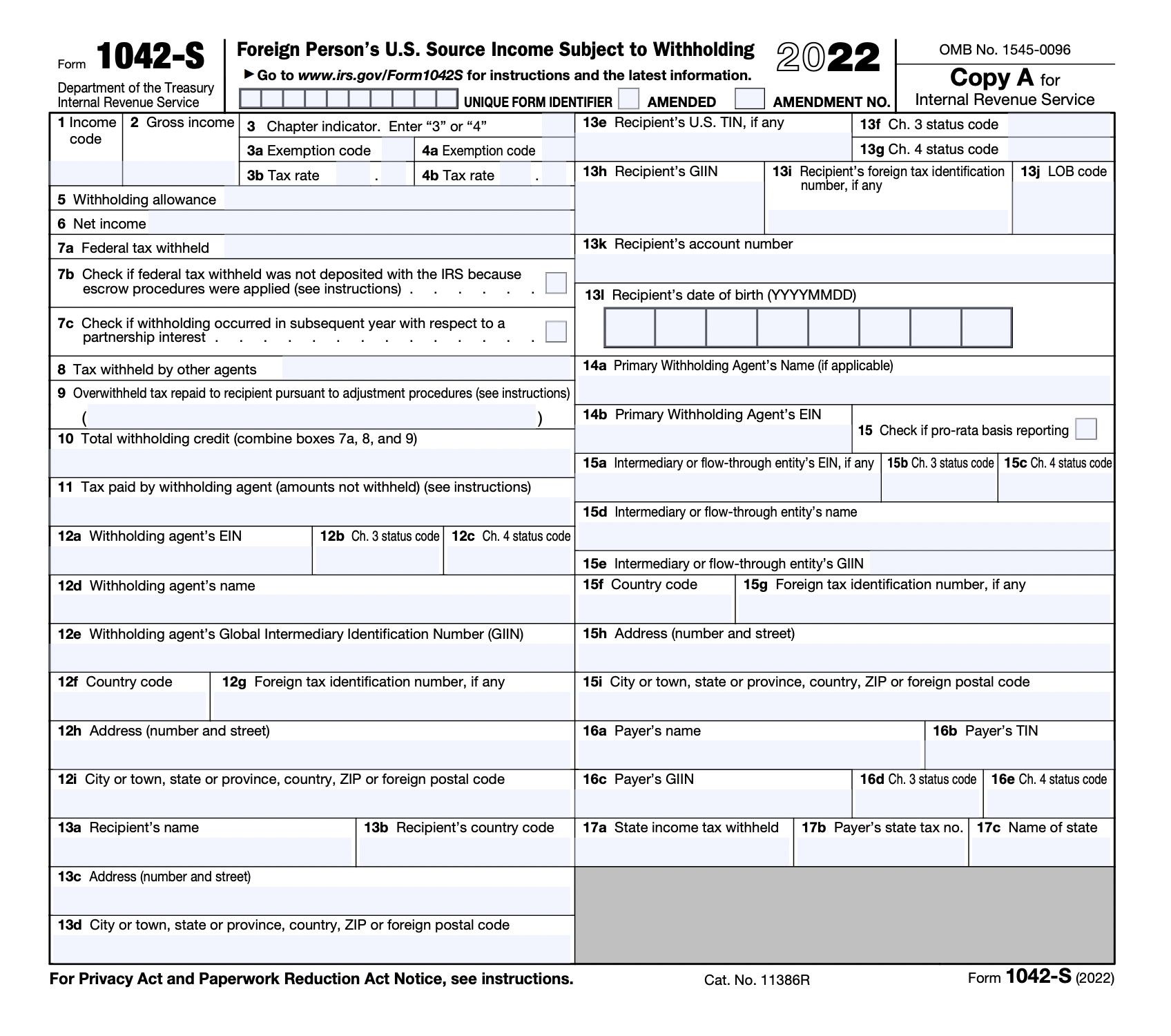 Screen capture of IRS Form 1042-S