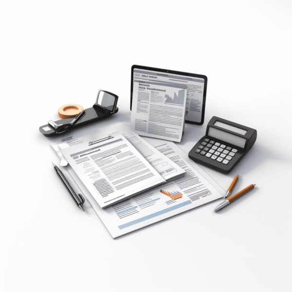 graphic showing paperwork, calculator and other tax related items