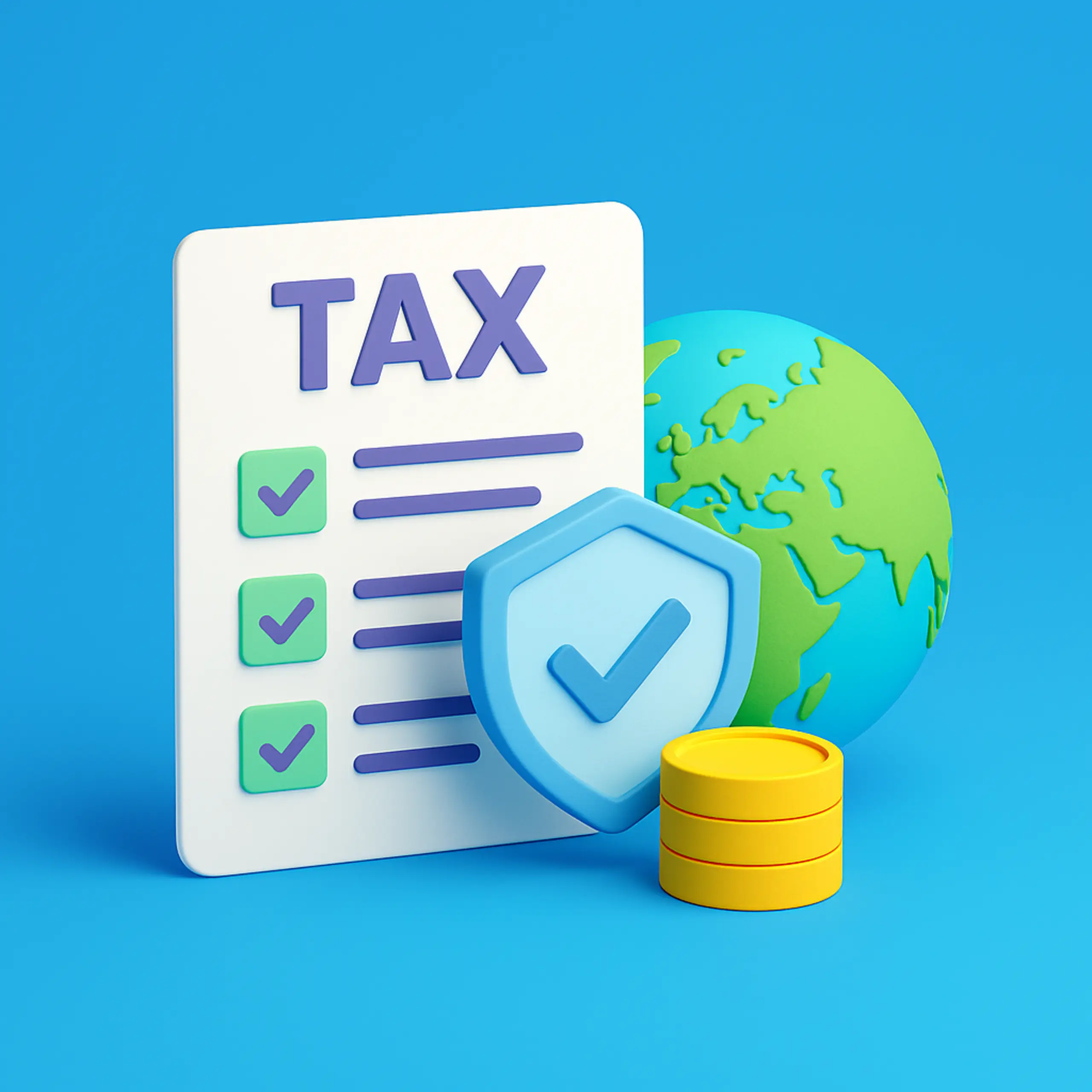 3D illustration of a tax compliance concept, featuring a white tax document with checkmarks, a globe focused on Africa, Europe, and the Middle East, a stack of gold coins, and a bold blue background.