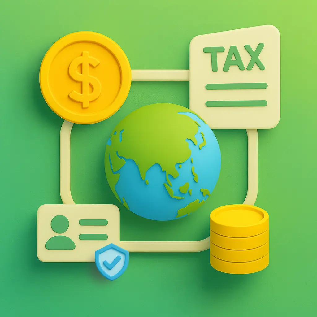 3D digital illustration of a globe connected to icons representing global payouts: a dollar coin, a tax document with checkmarks, an ID card, and a stack of coins, all linked on a green gradient background.