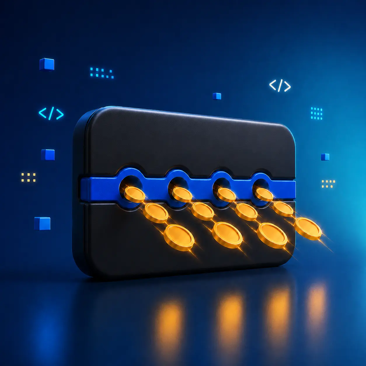 A 3D abstract fintech illustration showing a black embedded platform with a bright blue API rail running through its center. Four evenly spaced ports release streams of gold coins, surrounded by floating blue cubes and glowing code symbols on a balanced dark blue-to-cyan gradient background.