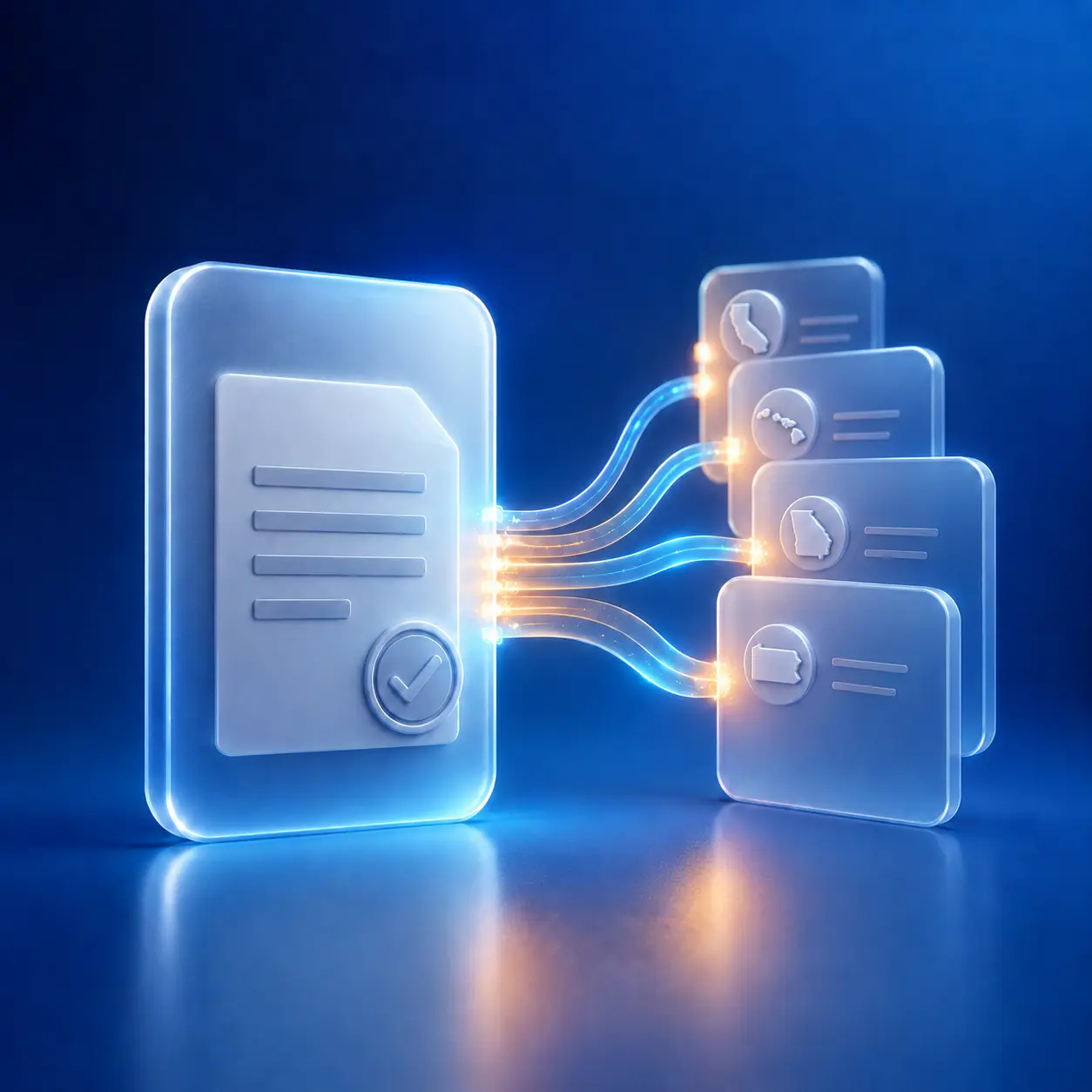 A glowing 3D federal tax filing document tile sends illuminated blue and amber data streams to four state filing cards, each marked with a state outline icon for California, Hawaii, Georgia, and Pennsylvania, representing combined federal and state tax filing.