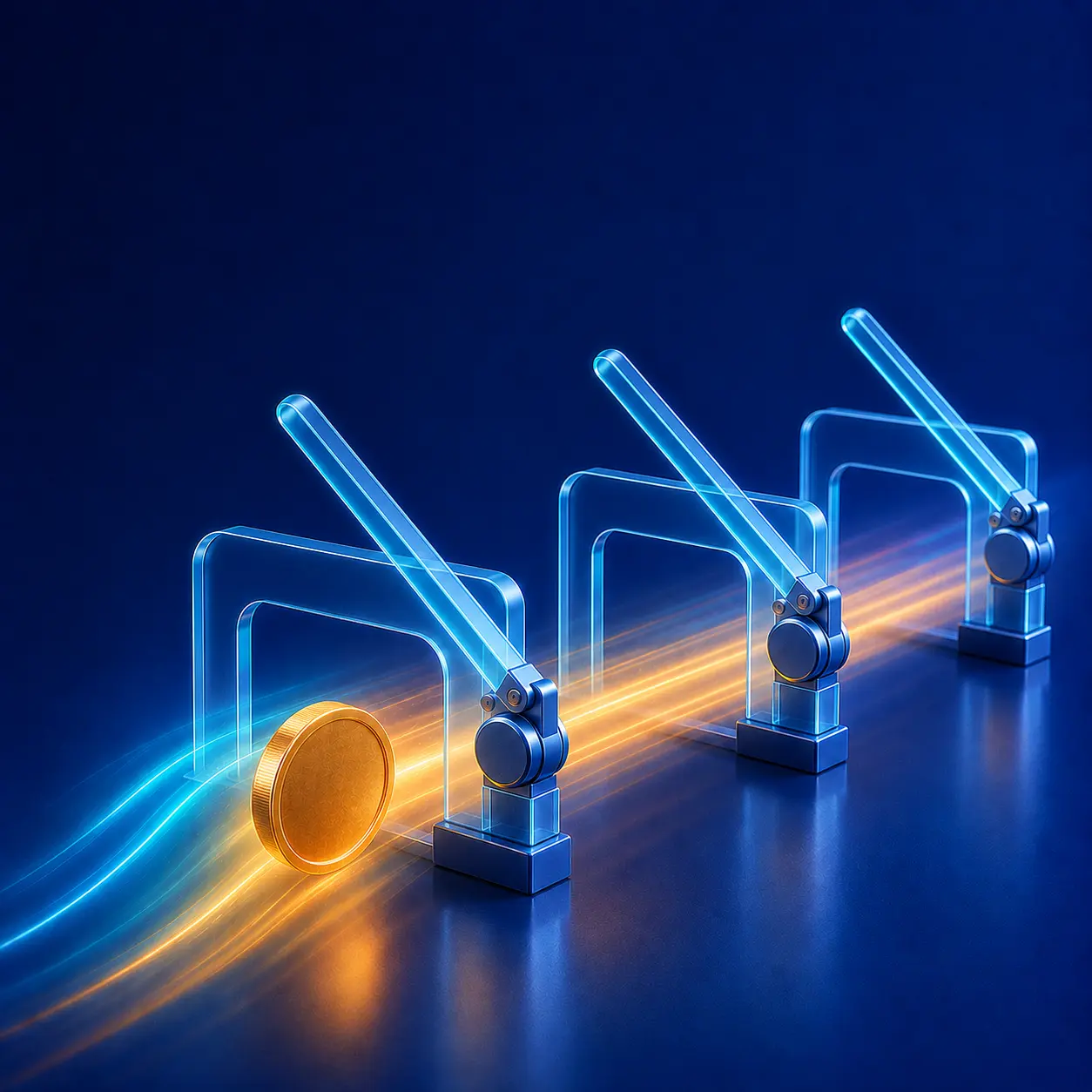 A round gold coin speeds through three open, transparent blue checkpoint gates. Each gate has a raised mechanical arm attached to a circular hinge, with blue and gold light trails suggesting fast, low-friction cross-border payouts.